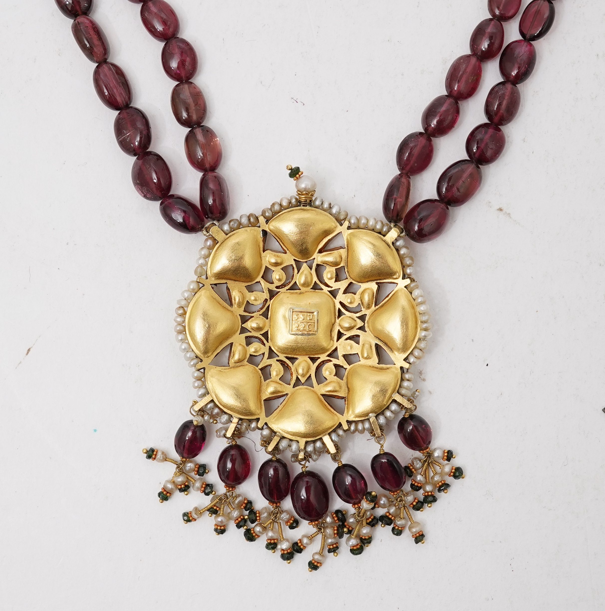 A tourmaline, emerald, seed pearl and diamond necklace, India, 20th century